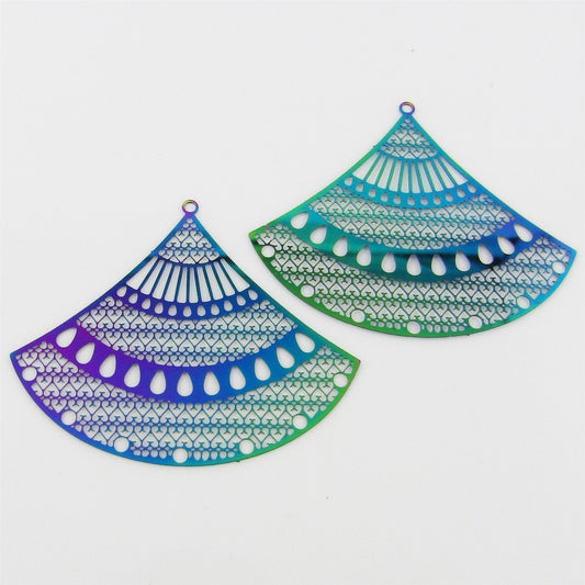 Bulk 6pce Laser Cut Fan Charm Pendant Earring Component Stainless Steel 44x54mm