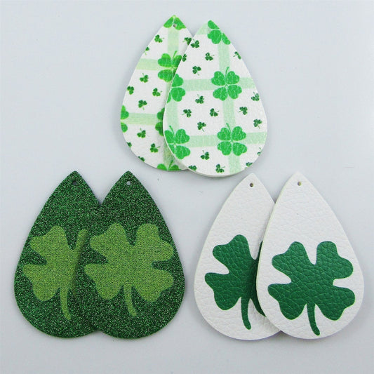Bulk Four Leaf Clover Charm Pendant Teardrop PU Leather 56x37mm Pick Design