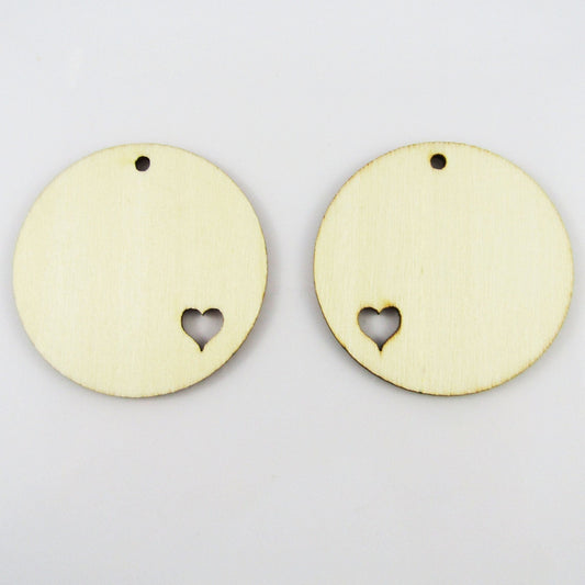 Bulk 10pcs Round w/ Cut Out Heart Unfinished Wood Charm Pendant Natural 49mm