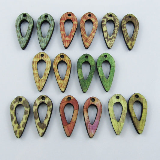10pcs in Random Pairs Printed Wood Long Teardrop Charm Pendant 24x11mm