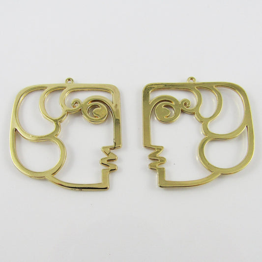 6pcs Abstract Face Square Picasso Charm Pendant Gold Plate 39x35mm Open Bezel