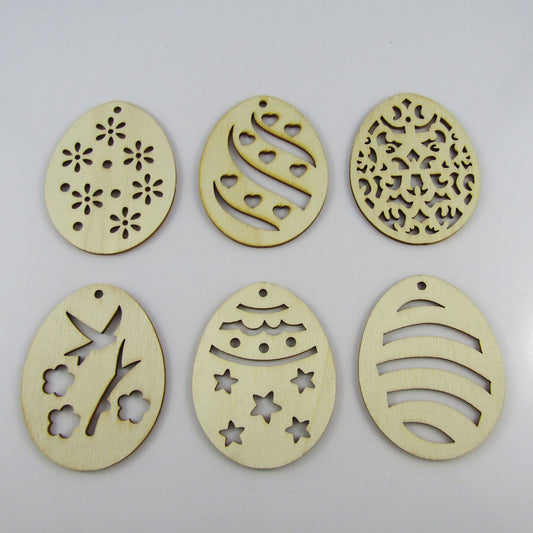 Bulk 6pc Set Easter Egg Design Unfinished Wood Pendant Natural 60x80mm KidsCraft