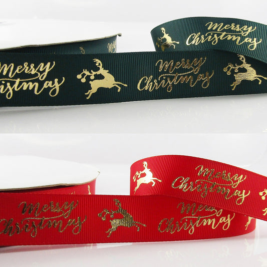 3metres Metallic Reindeer Merry Christmas Grosgrain Ribbon 25mm Green or Red