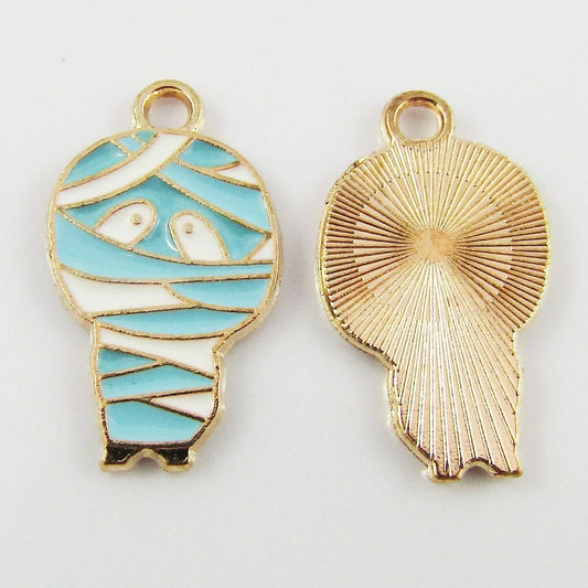 Bulk 10pce Enamel Mummy Charm Pendant Halloween Blue White 22x12mm